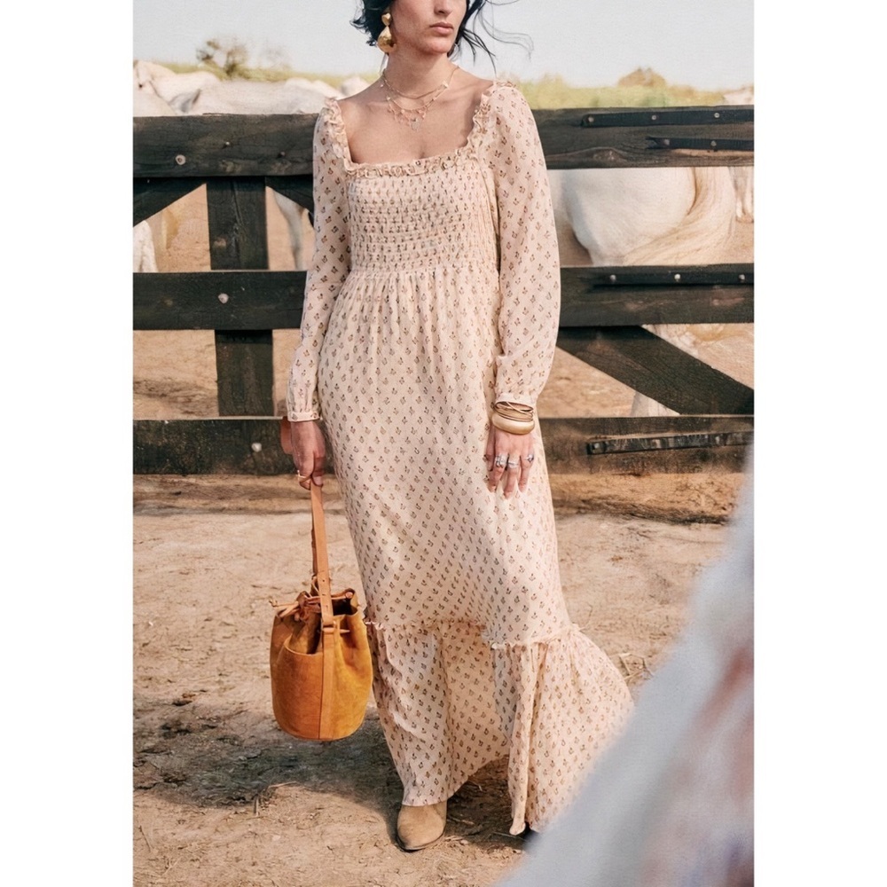 Sezane Maxi Floral Long-Sleeve Smocked Lina Dress